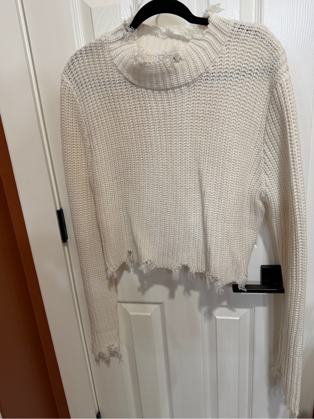Fashion Nova Distressed White Cropped Knit Sweater